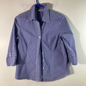 Womens Kim Rogers Gingham Button Shirt Blue White M 1/2 Sleeve Stretch